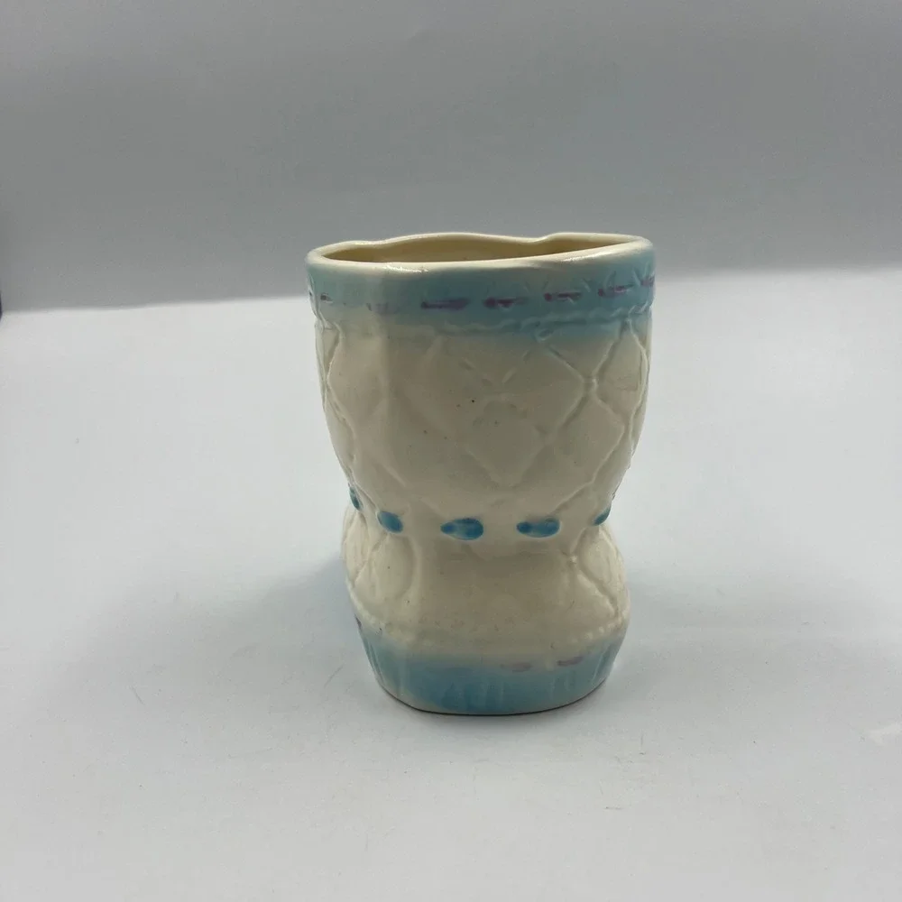 Vintage 1988 Roman Inc Ceramic Baby Boot Planter Quilted Blue Nursery Decor